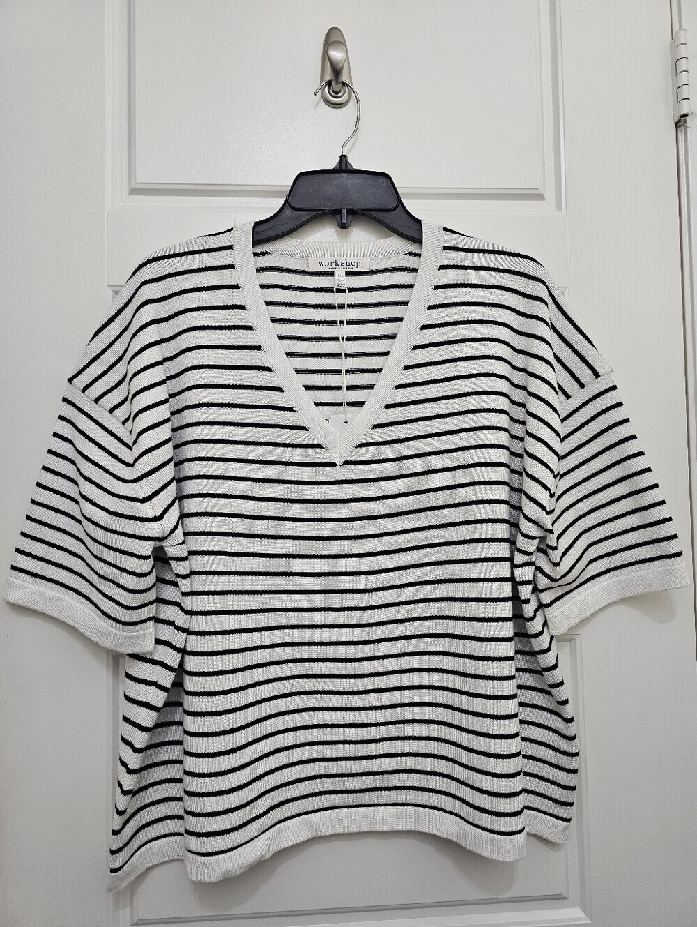 WorkShop Republic Clothing Black & White Striped V-Neck Women's Top